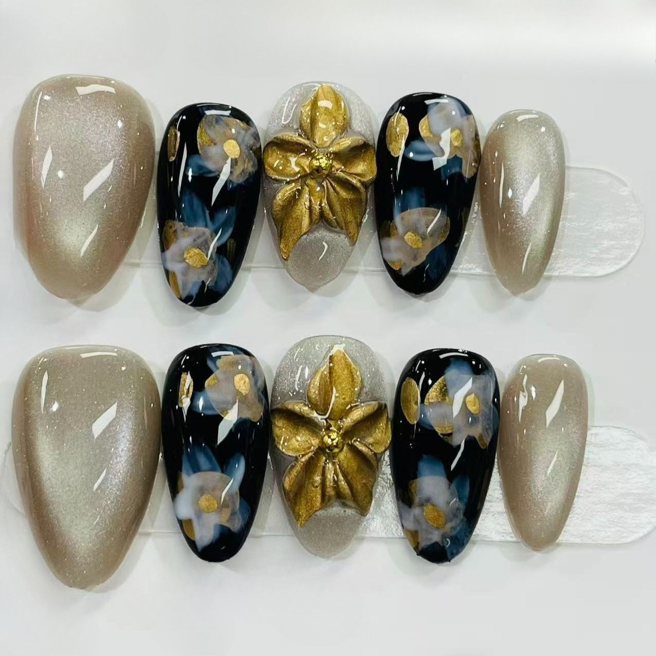 Luxury 3D Gold Flower Press On Fake Nails