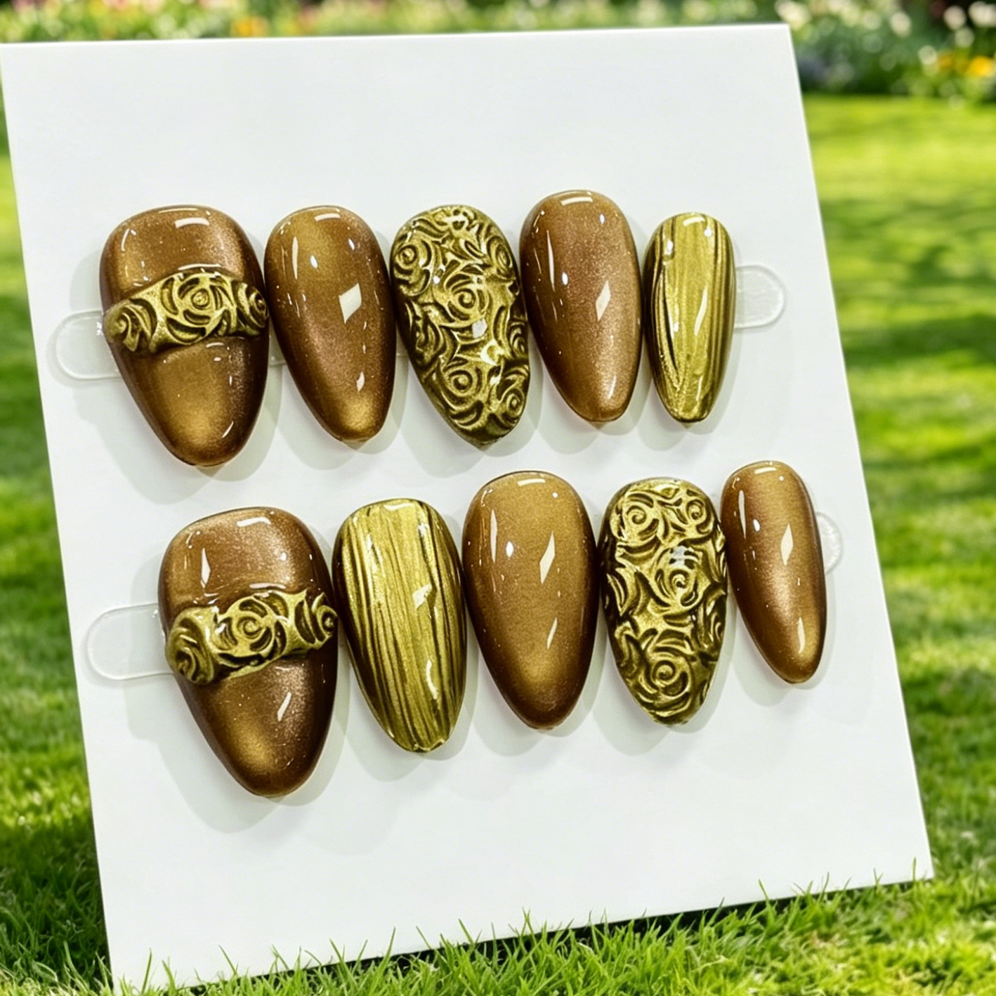 Luxury 3D Gold Flower Press On Fake Nails