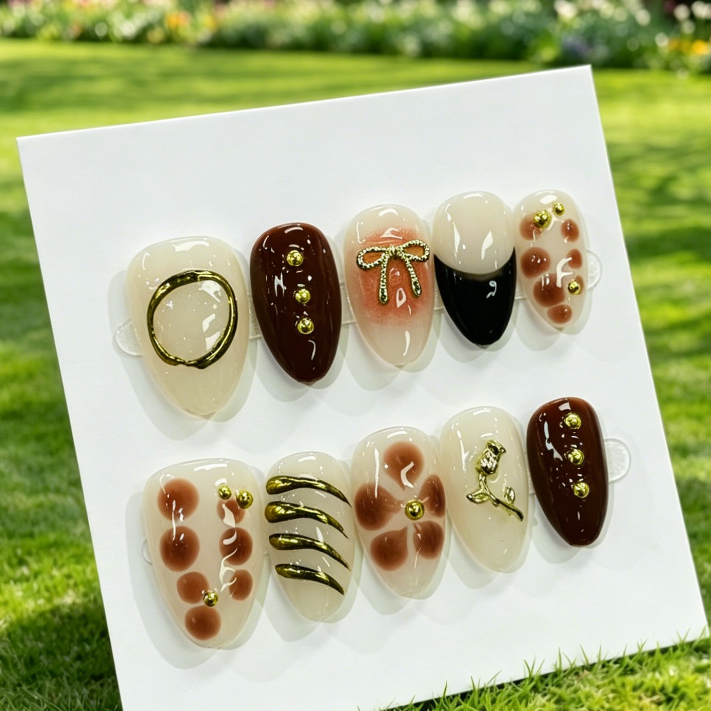 Luxury 3D Gold Flower Press On Fake Nails