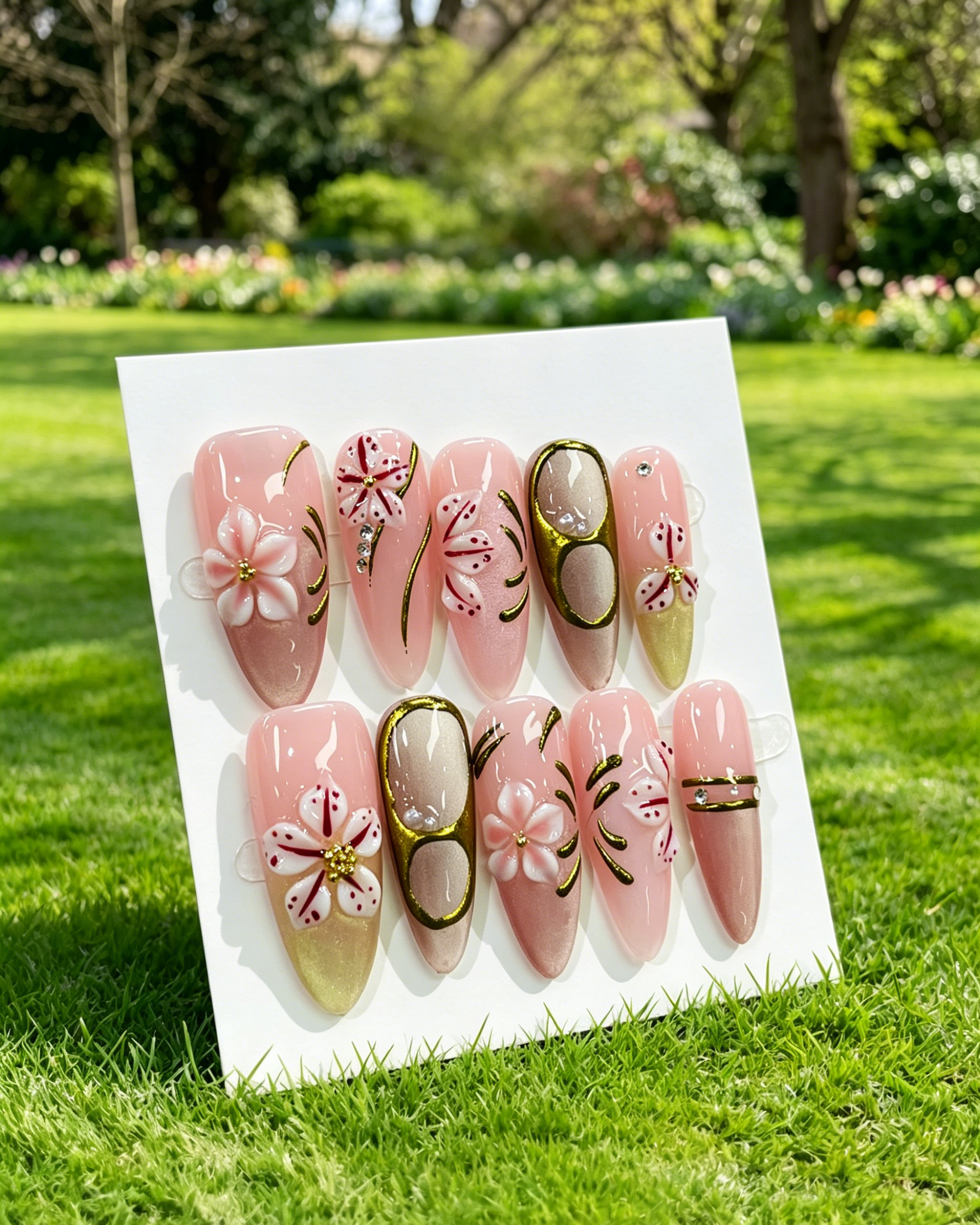 3D Floral Almond Shape False Nails