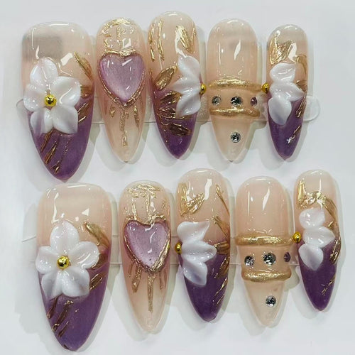 Blue Press On Nails Silver 3D Flower Design
