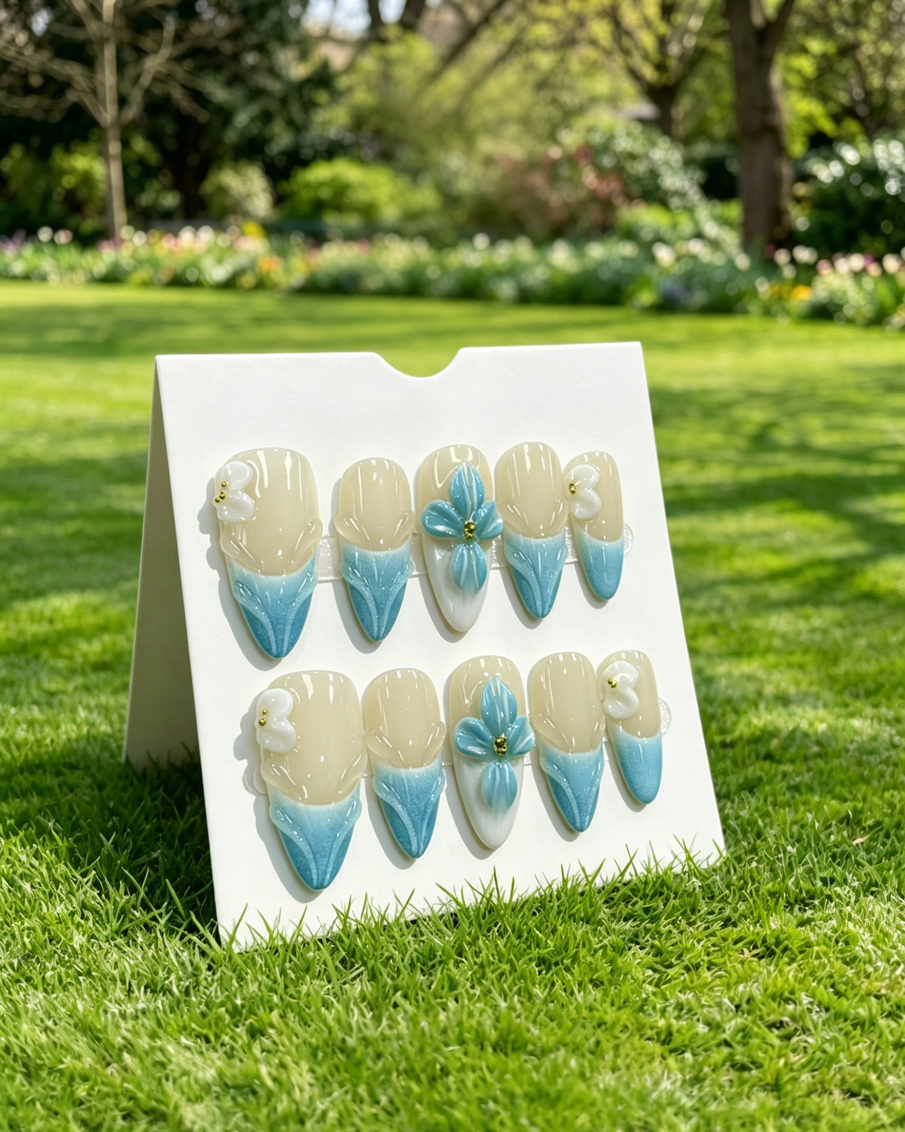 Handmade Mint Floral Press On Fake Nails