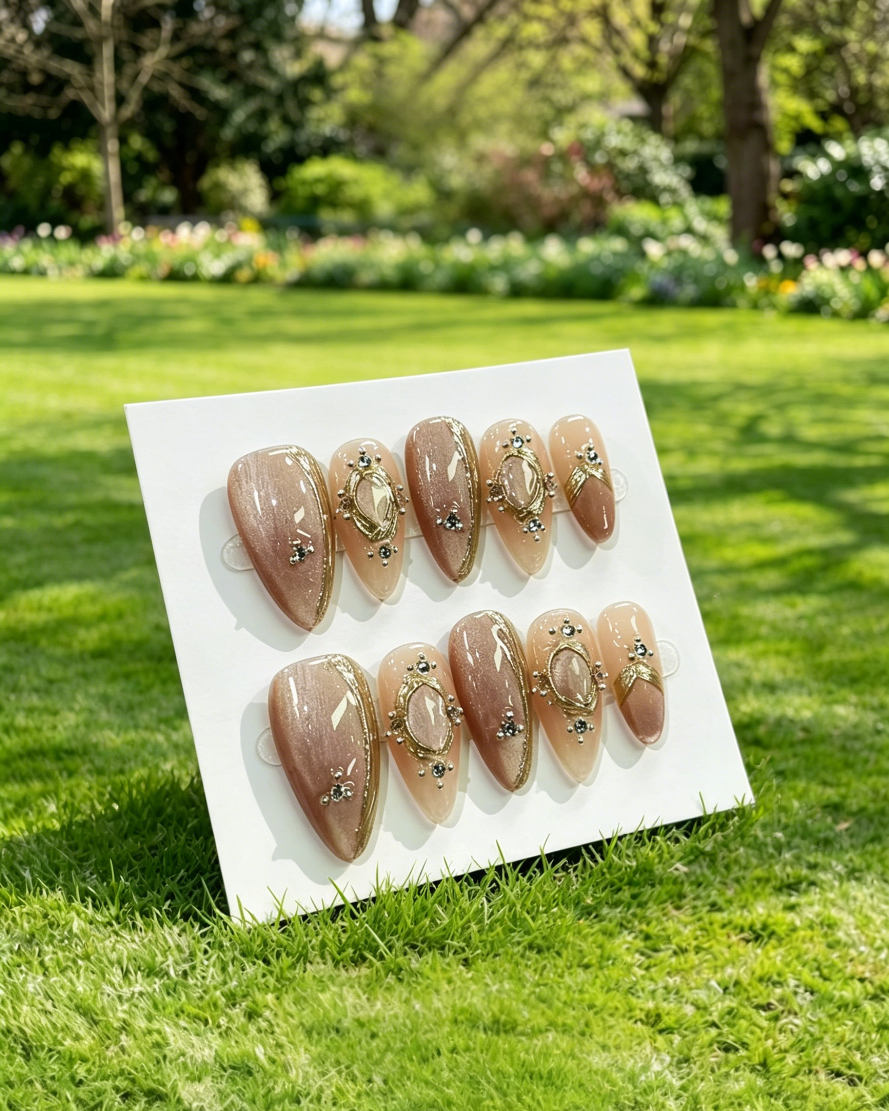 Purple Gold Almond Press On False Nails