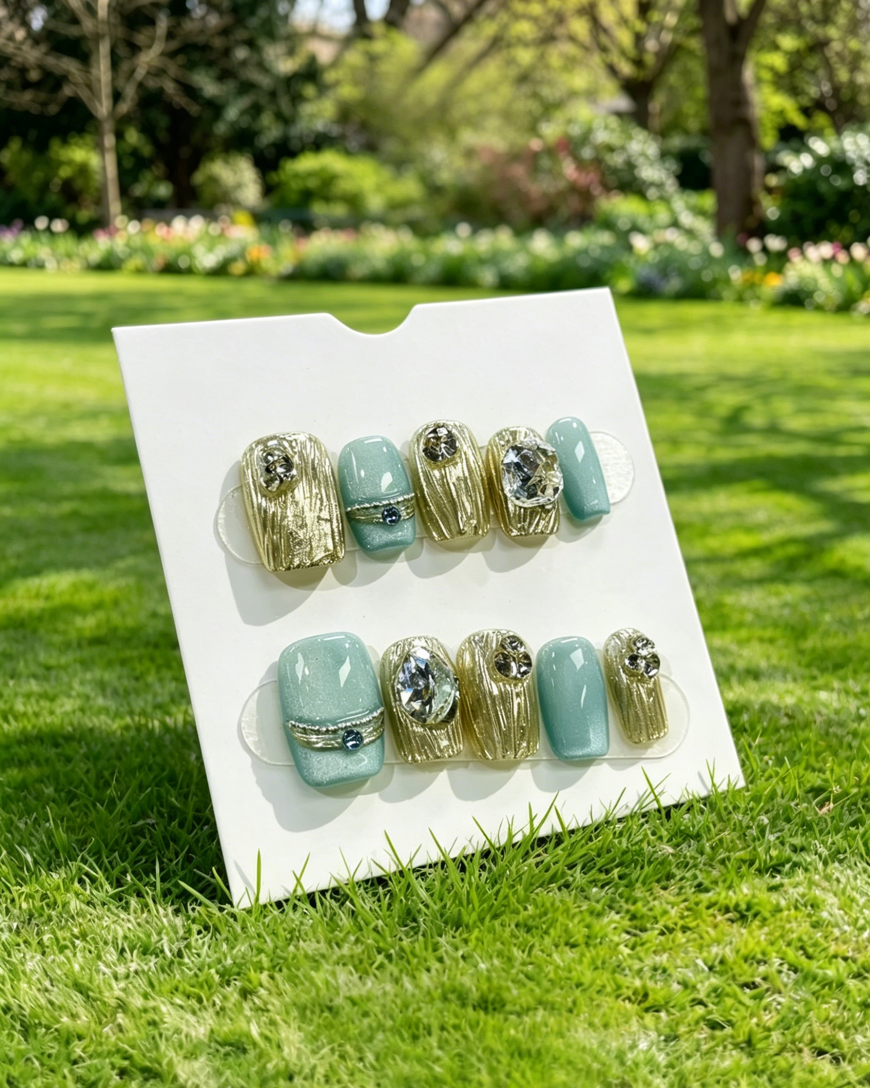 Green 3D Floral Almond Press On False Nails