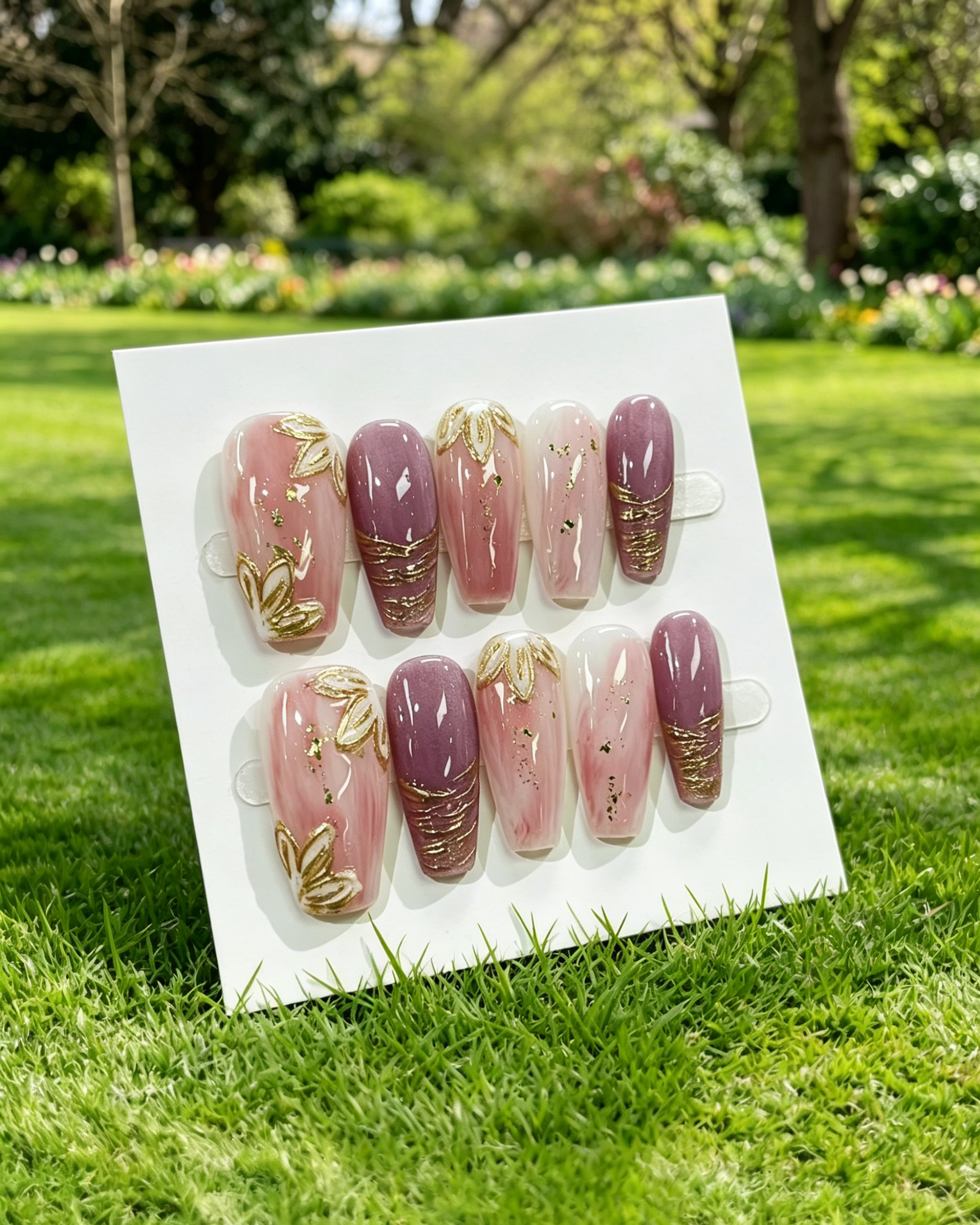 Green 3D Floral Almond Press On False Nails