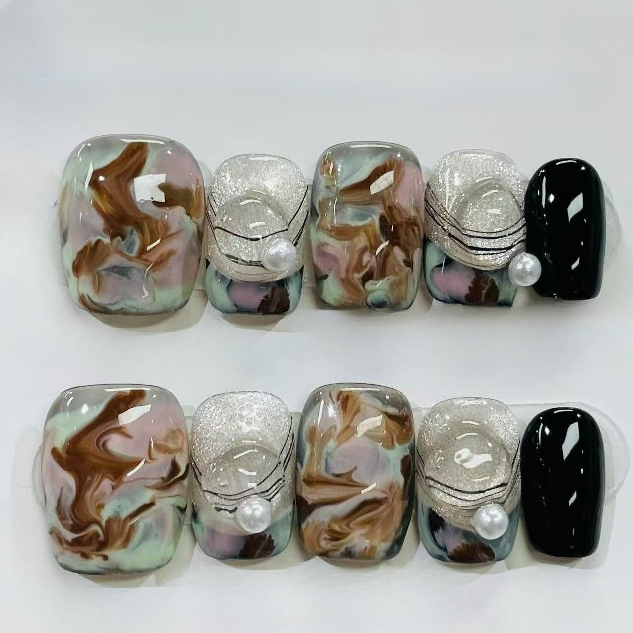 Retro Marble Pearl Short Press On Nails