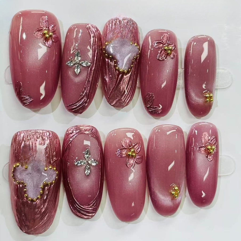 Purple Floral Almond Glitter Press On Nails
