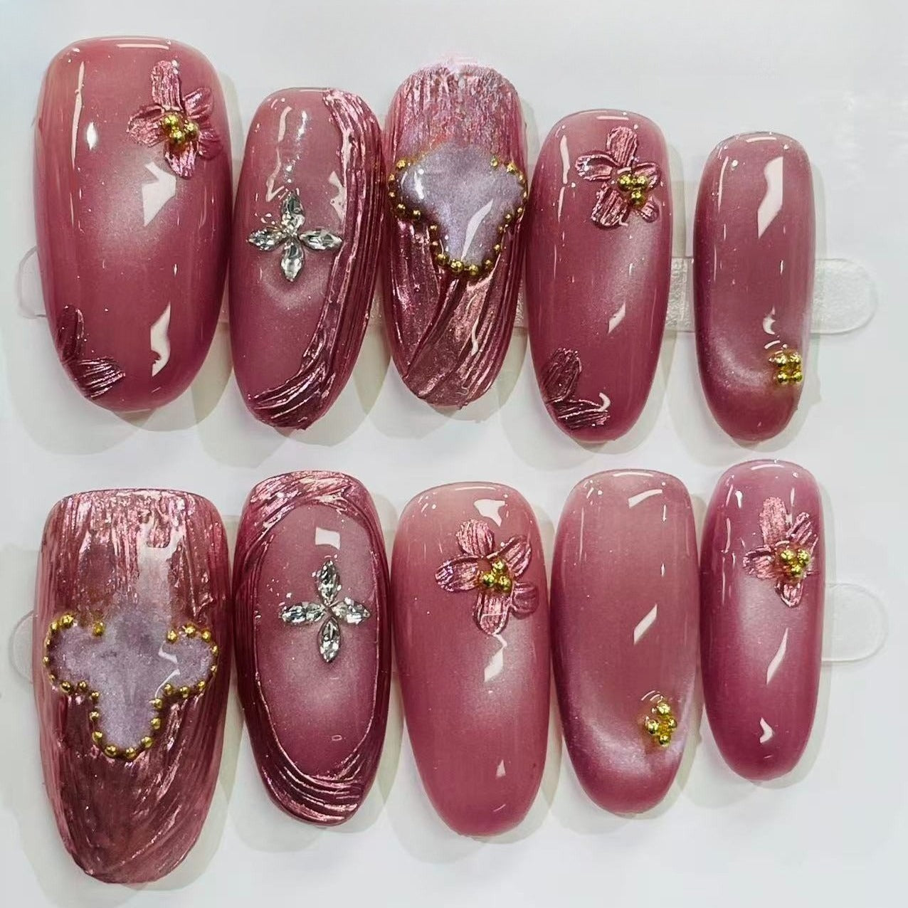 Purple Floral Almond Glitter Press On Nails