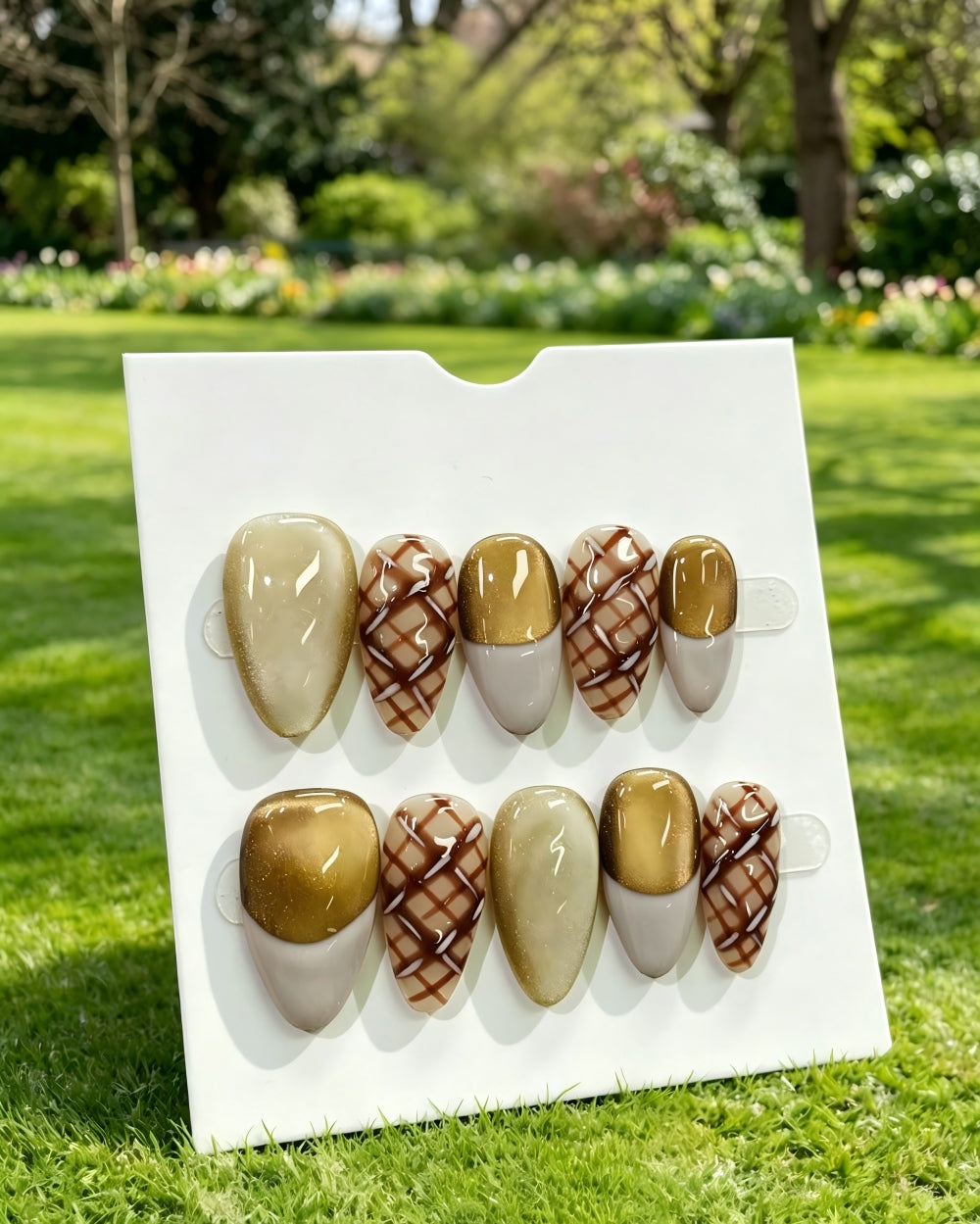 Custom 3D Brown Flower Almond Press On Nails