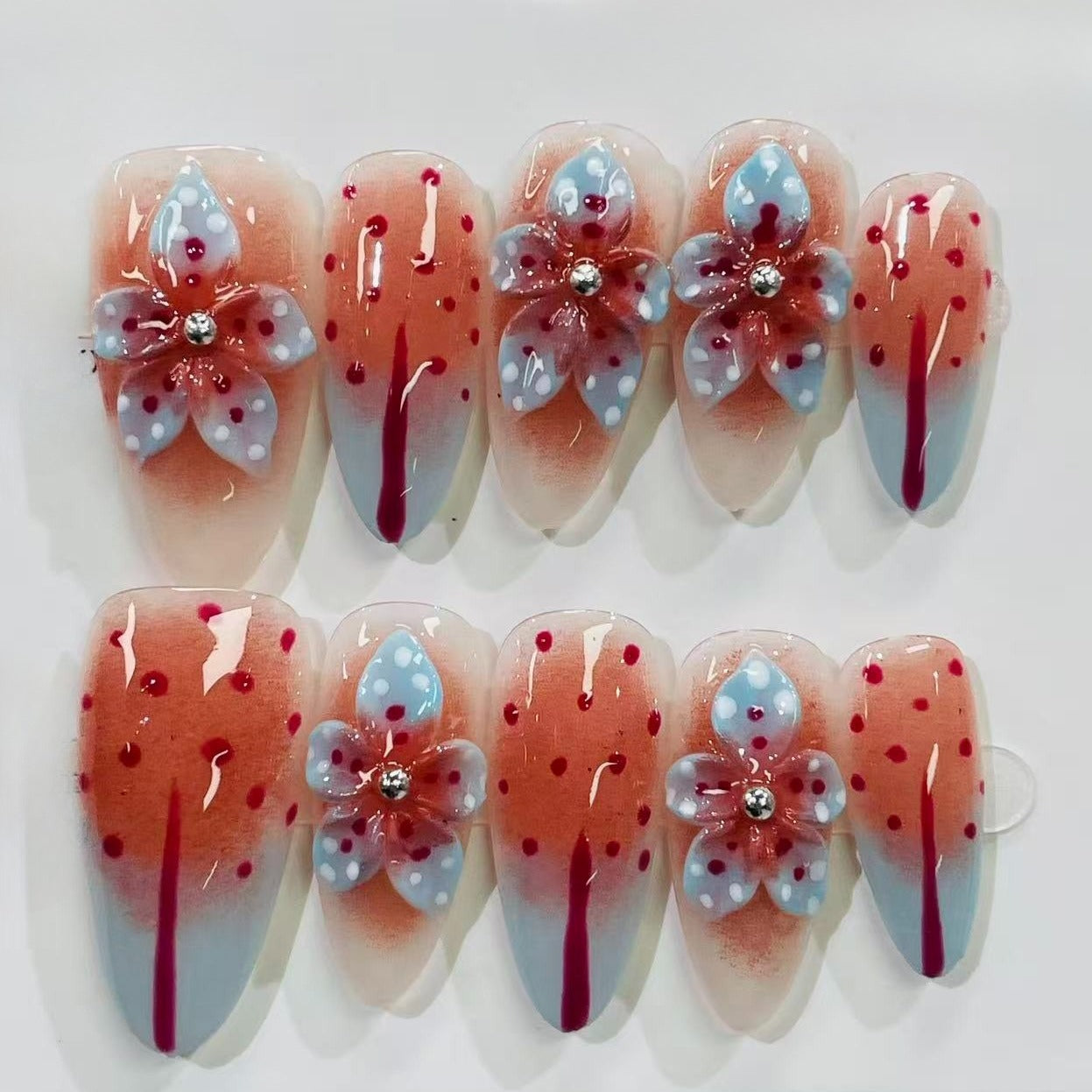 Hand Painted Floral Almond Press On Nails