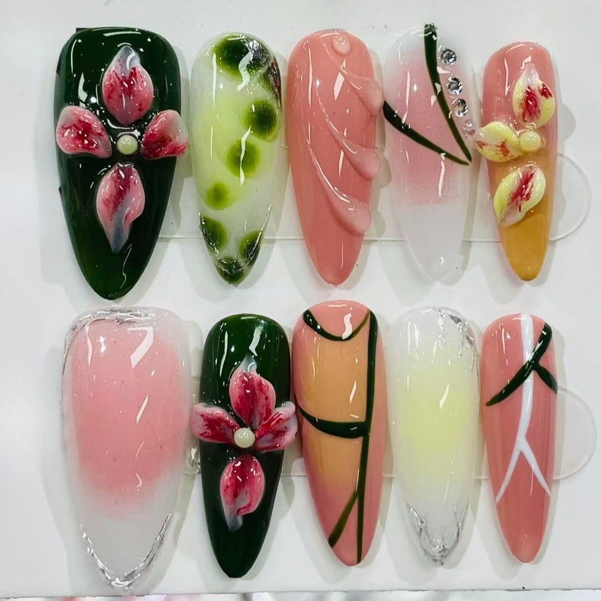 Hand Painted Floral Almond Press On Nails