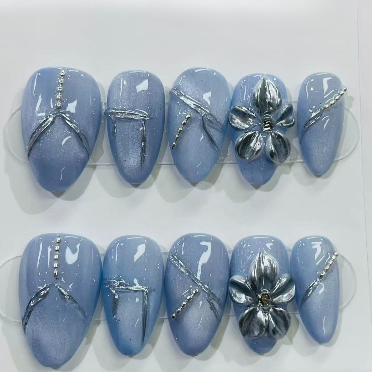 Blue Press On Nails Silver 3D Flower Design
