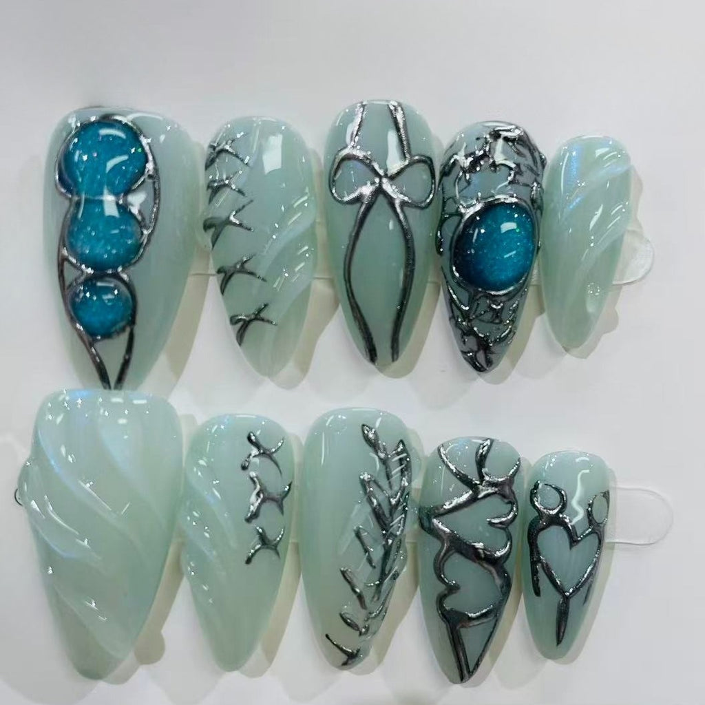 Mint Green Blue Gem Almond Handmade Press On Nails