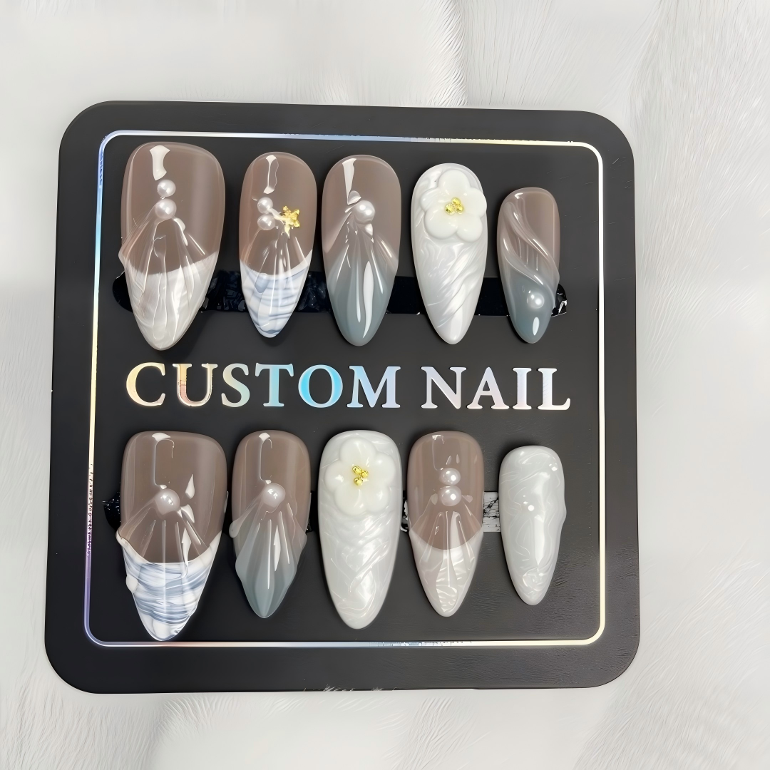 Hand Painted Floral Almond Press On Nails