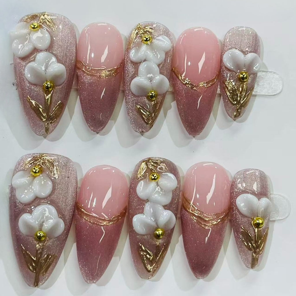 Press On Nails Pink Chrome Flower