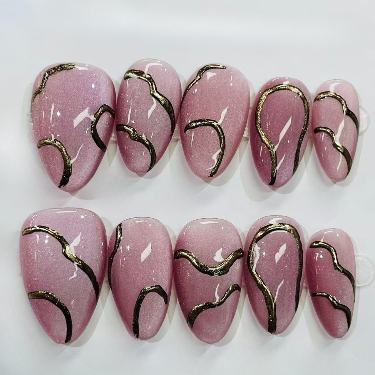 Pink Gold Almond Press On Nails