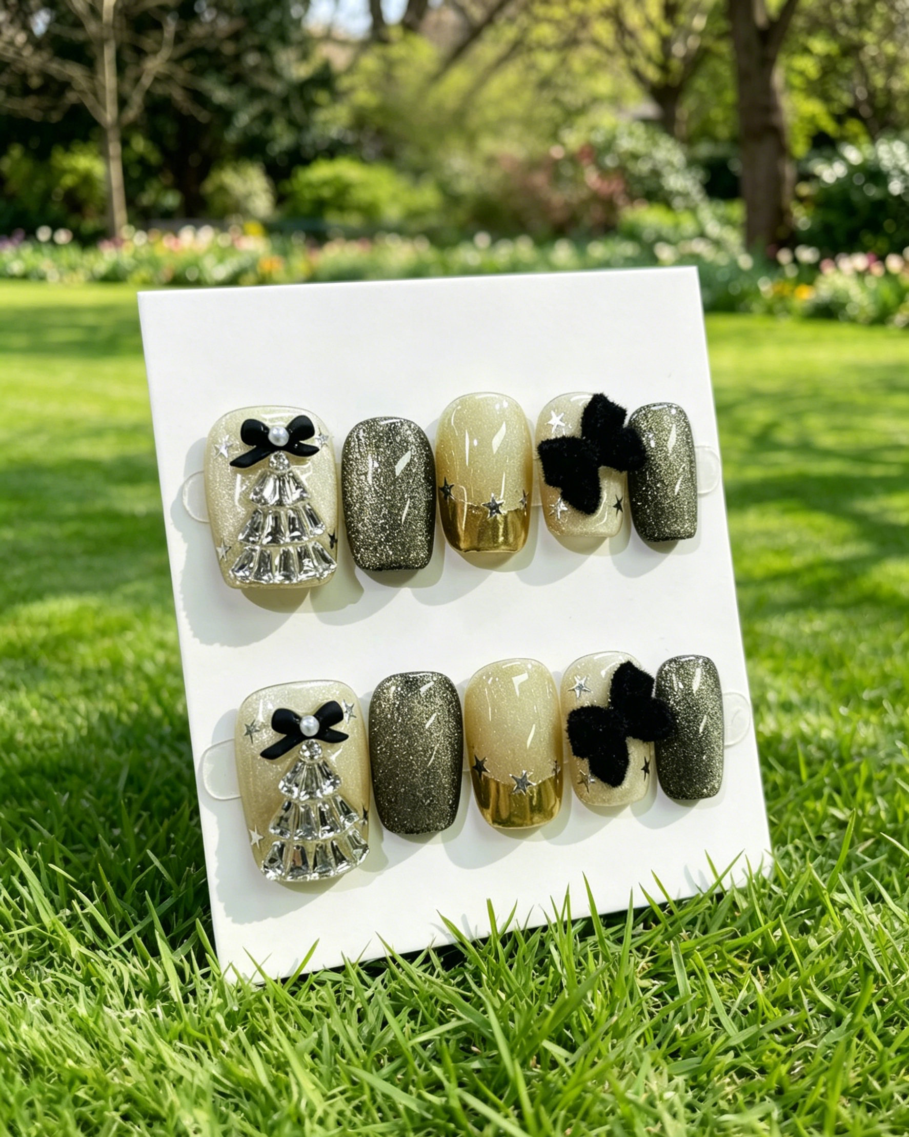 Golden 3D Flower Rhinestone Press On Nails