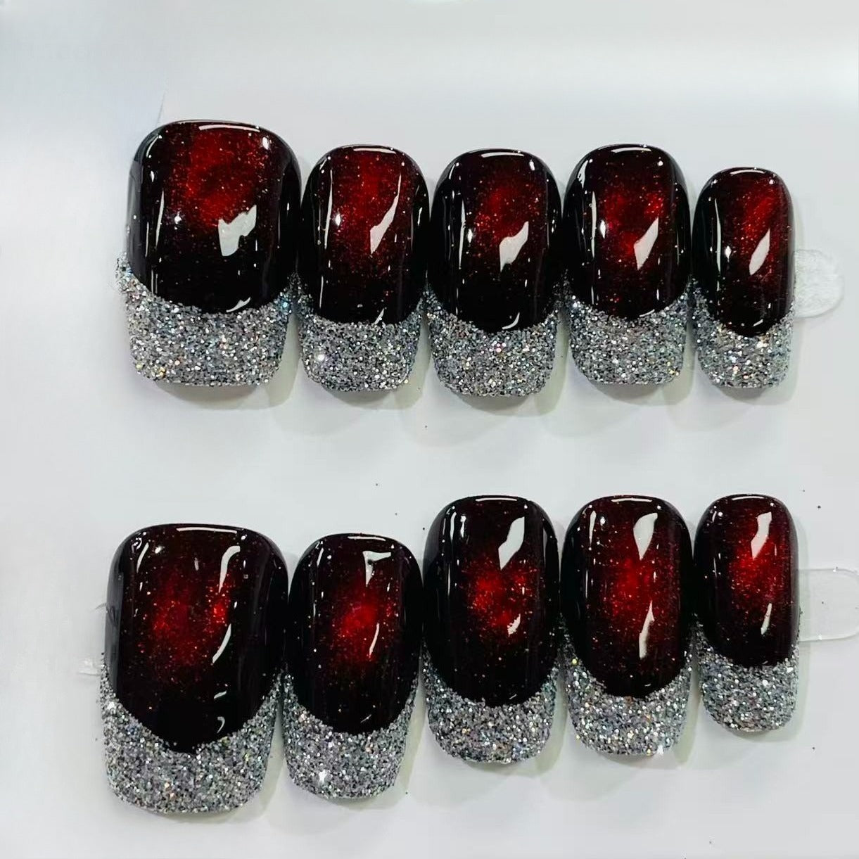 Red Glitter Gradient Silver Press On False Nails