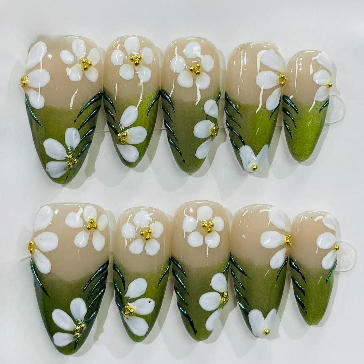 Hand Painted Floral Almond Press On Nails