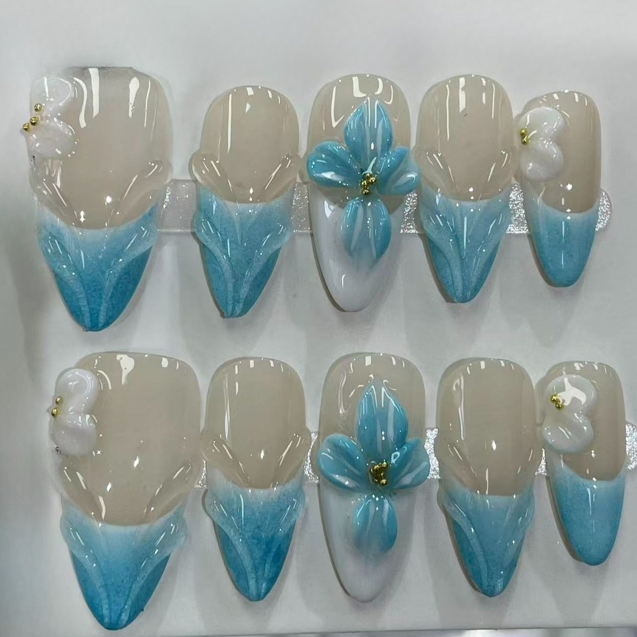 Handmade Mint Floral Press On Fake Nails