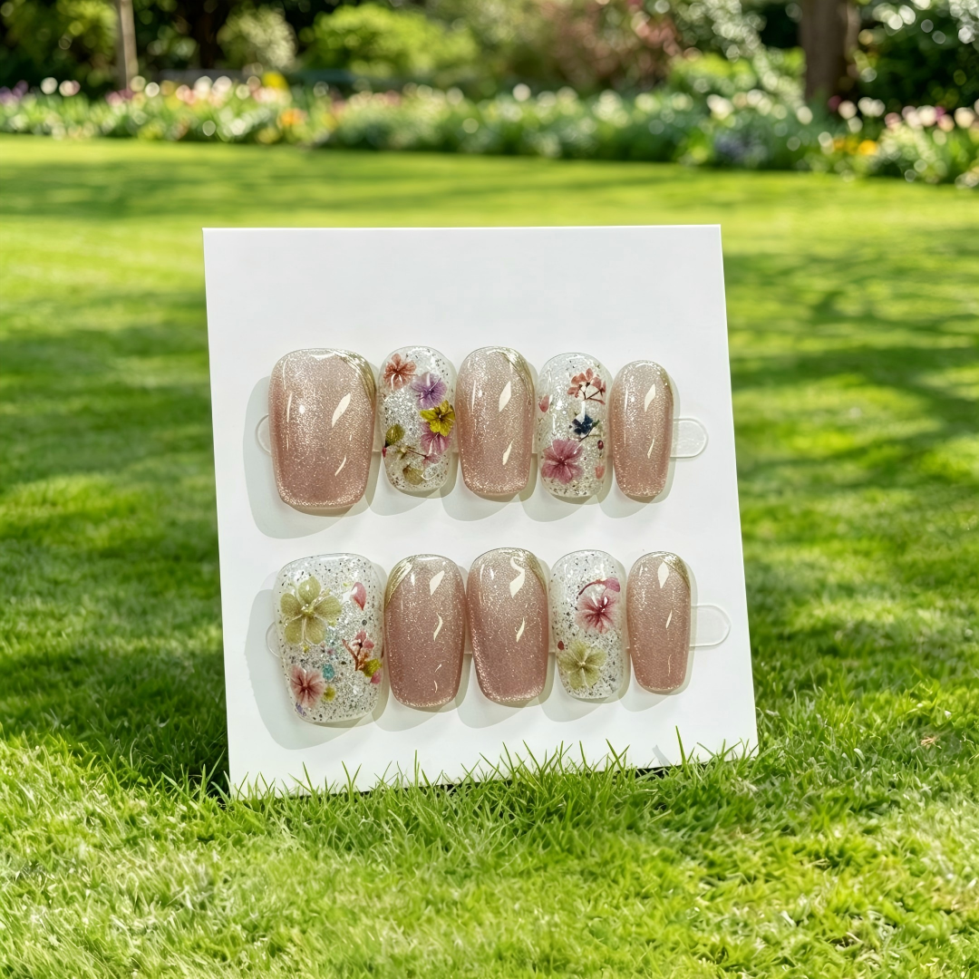Golden 3D Flower Rhinestone Press On Nails