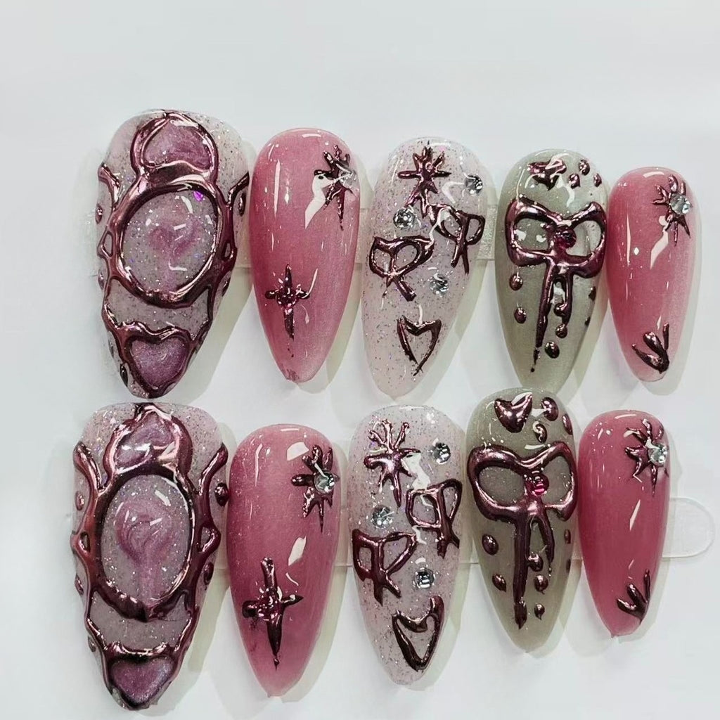 Purple Floral Almond Glitter Press On Nails