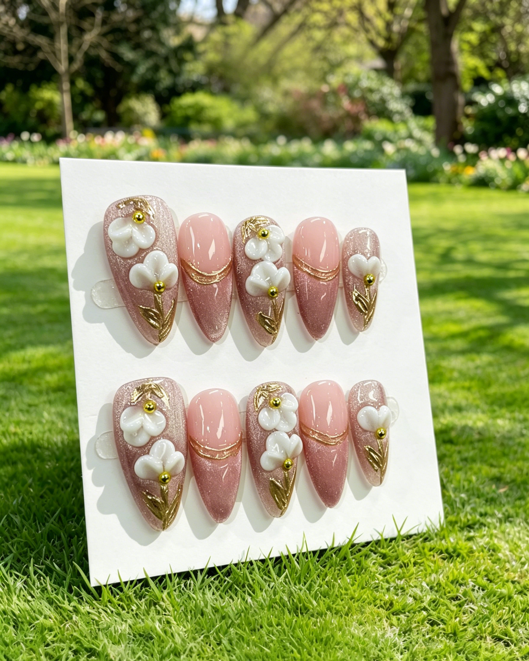 Press On Nails Pink Chrome Flower