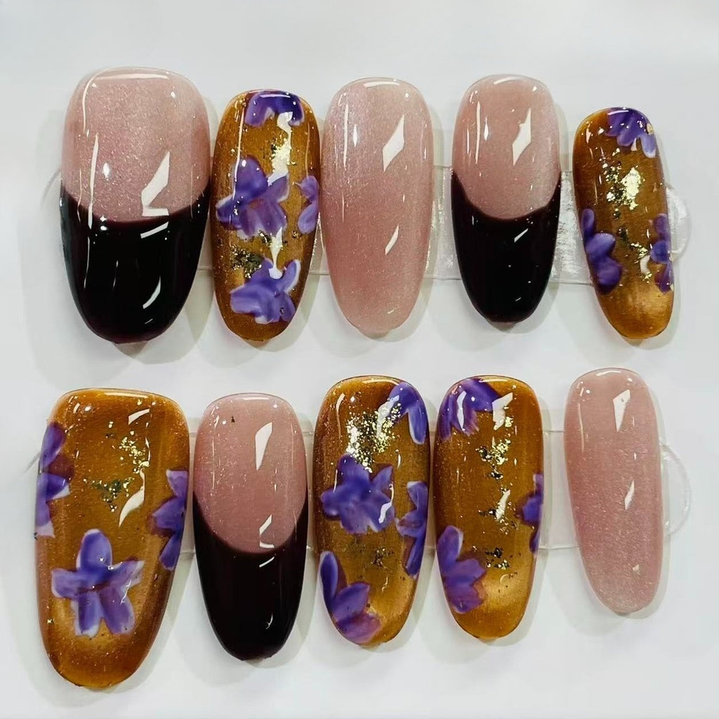 Purple Floral Almond Glitter Press On Nails