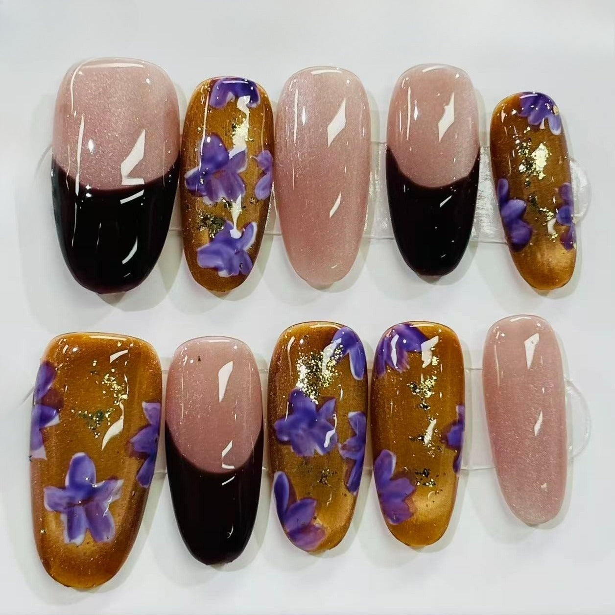 Purple Floral Almond Glitter Press On Nails