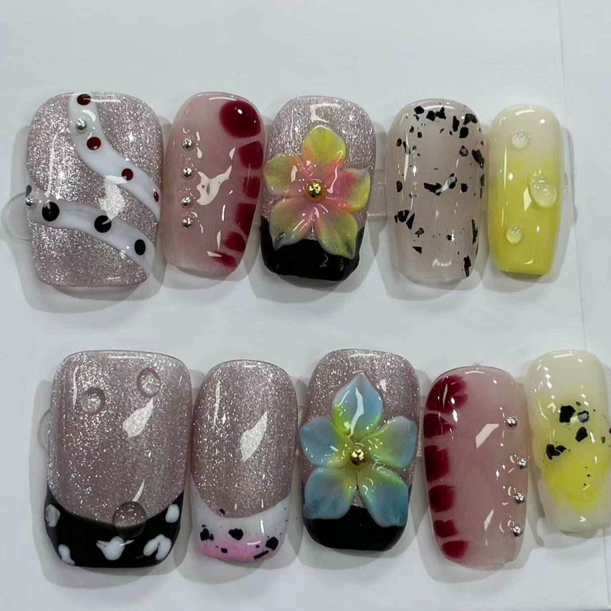 Handmade Floral Glitter Press On False Nails
