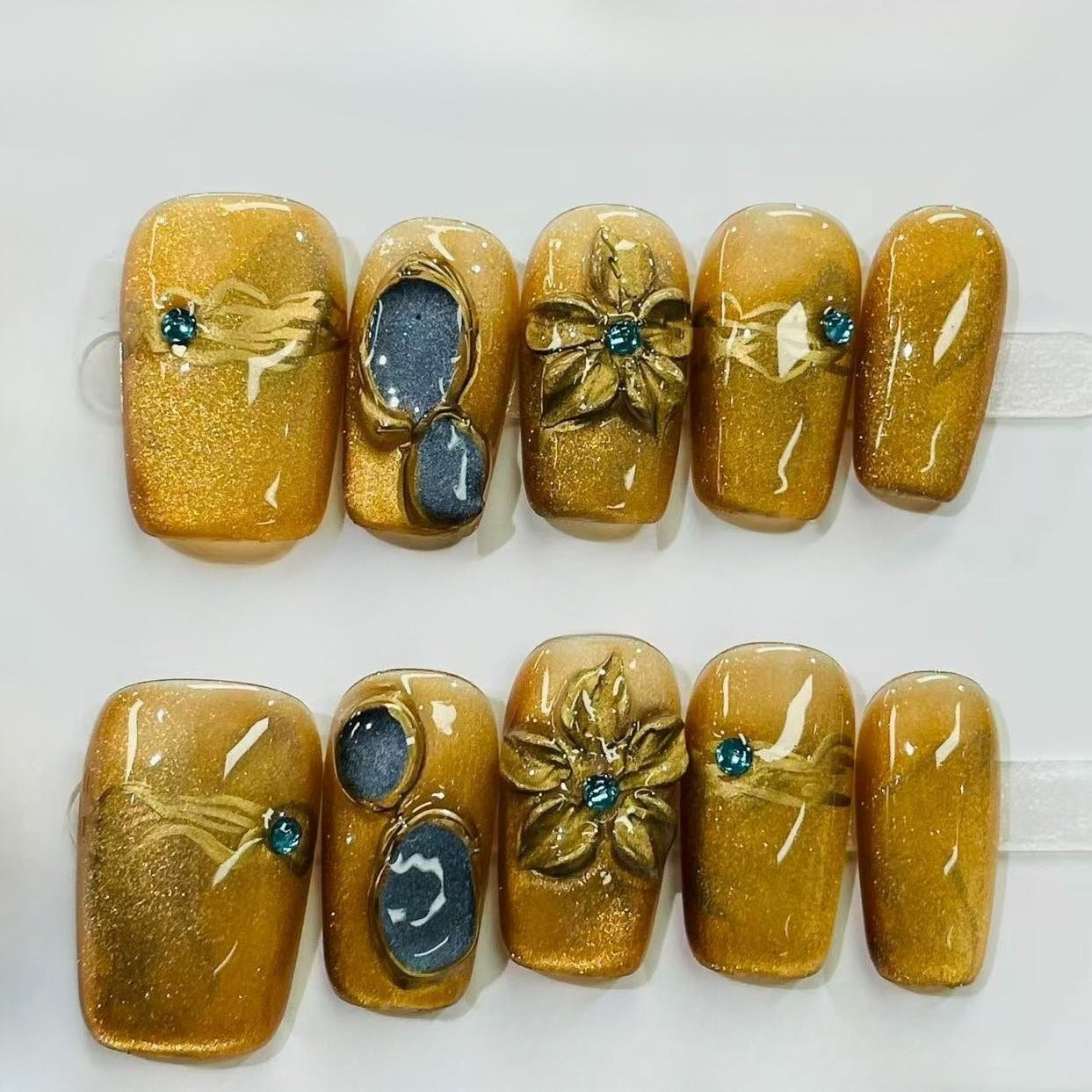 Golden 3D Flower Rhinestone Press On Nails