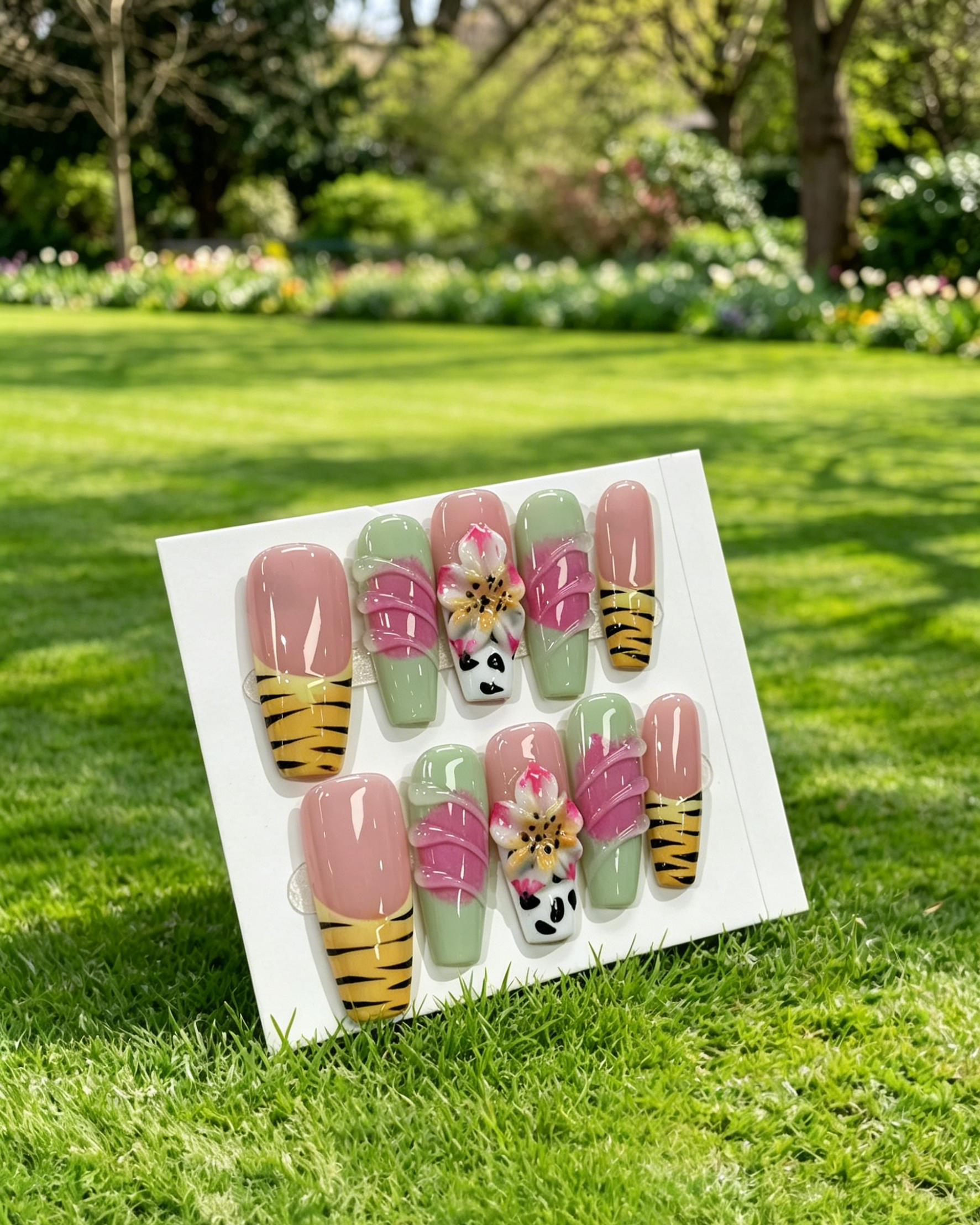 Handmade Press On Nails Tiger Lily Flower Design