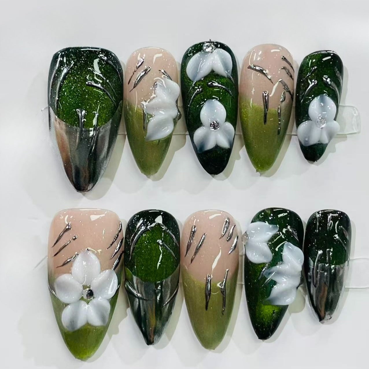 Blue Press On Nails Silver 3D Flower Design