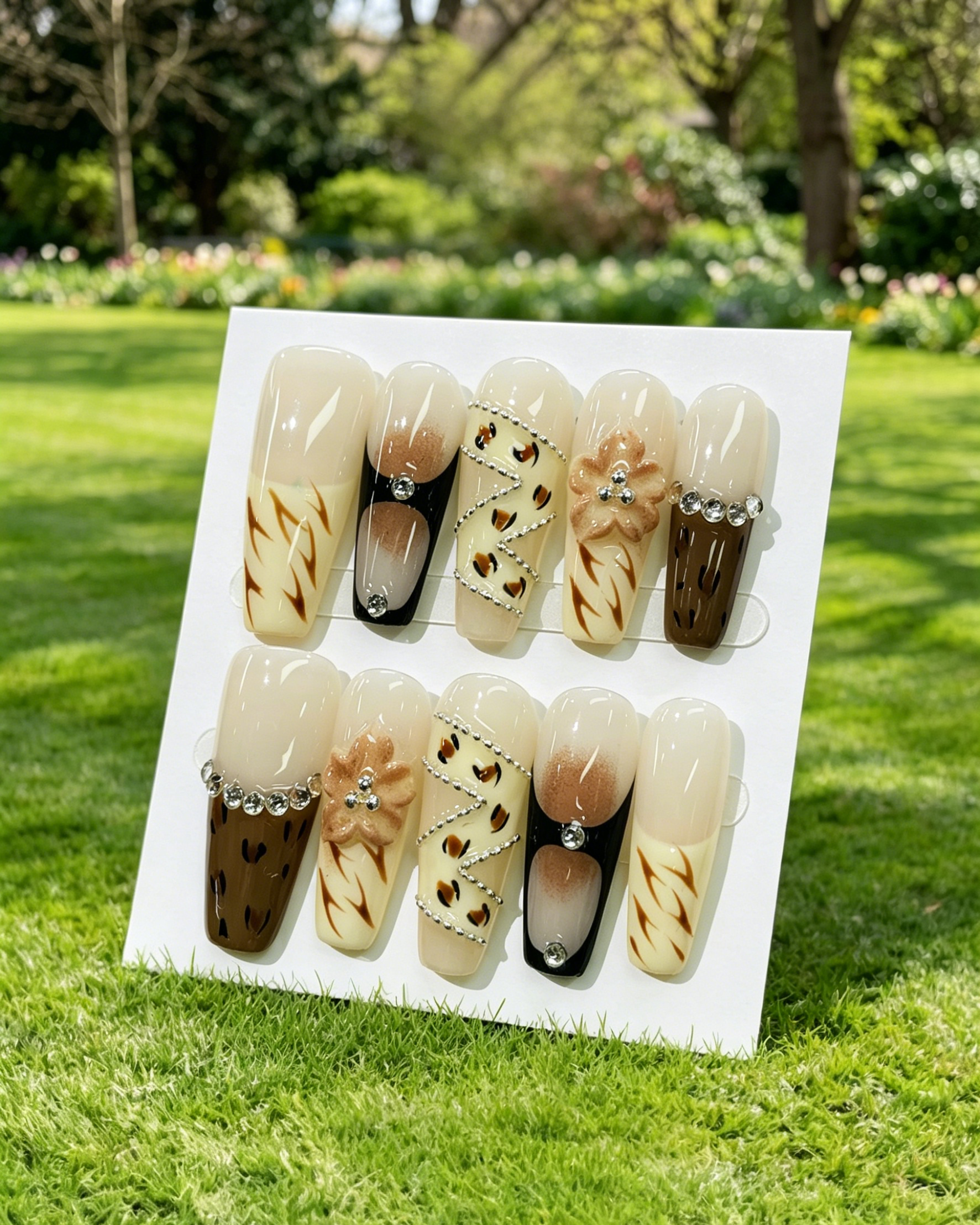 3D Floral Almond Shape False Nails