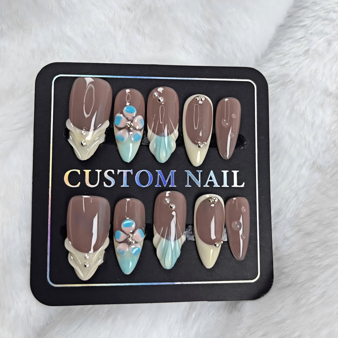 Custom 3D Brown Flower Almond Press On Nails