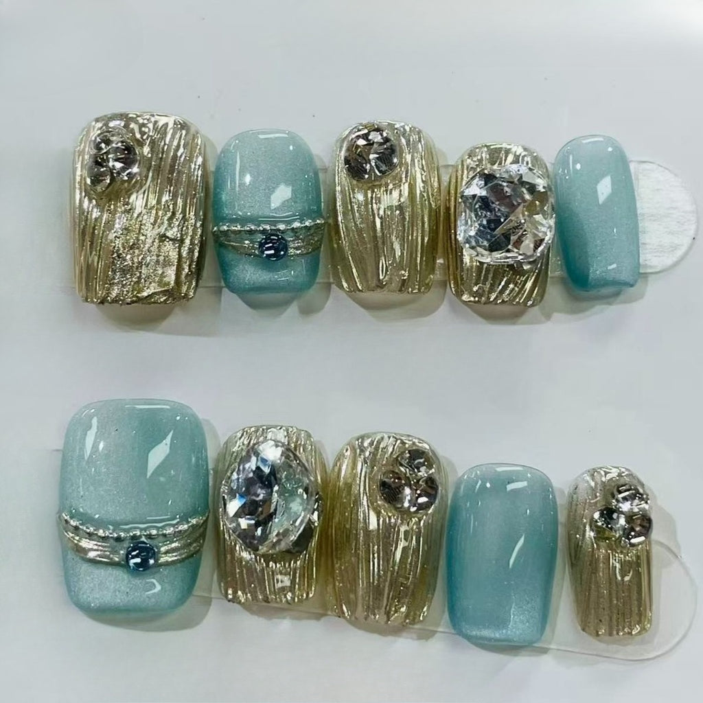 Green 3D Floral Almond Press On False Nails