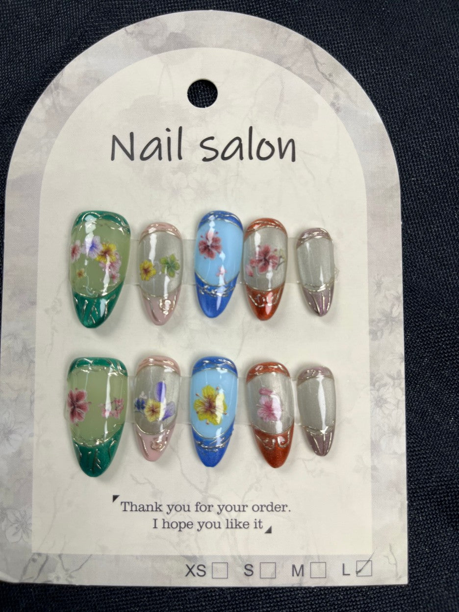 Hand Painted Floral Almond Press On Nails