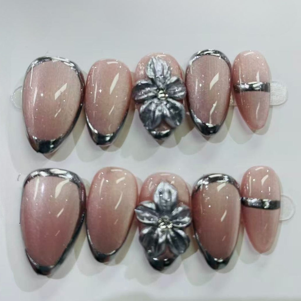 Press On Nails Pink Chrome Flower