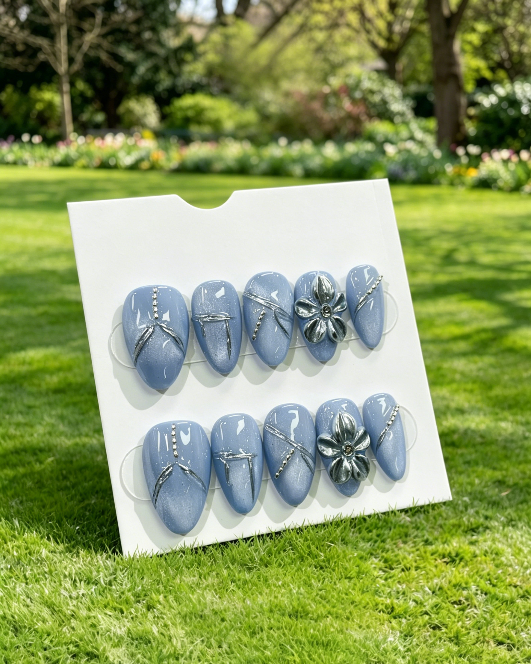 Blue Press On Nails Silver 3D Flower Design