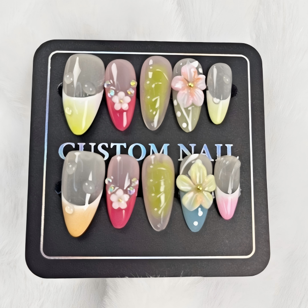 Hand Painted Floral Almond Press On Nails