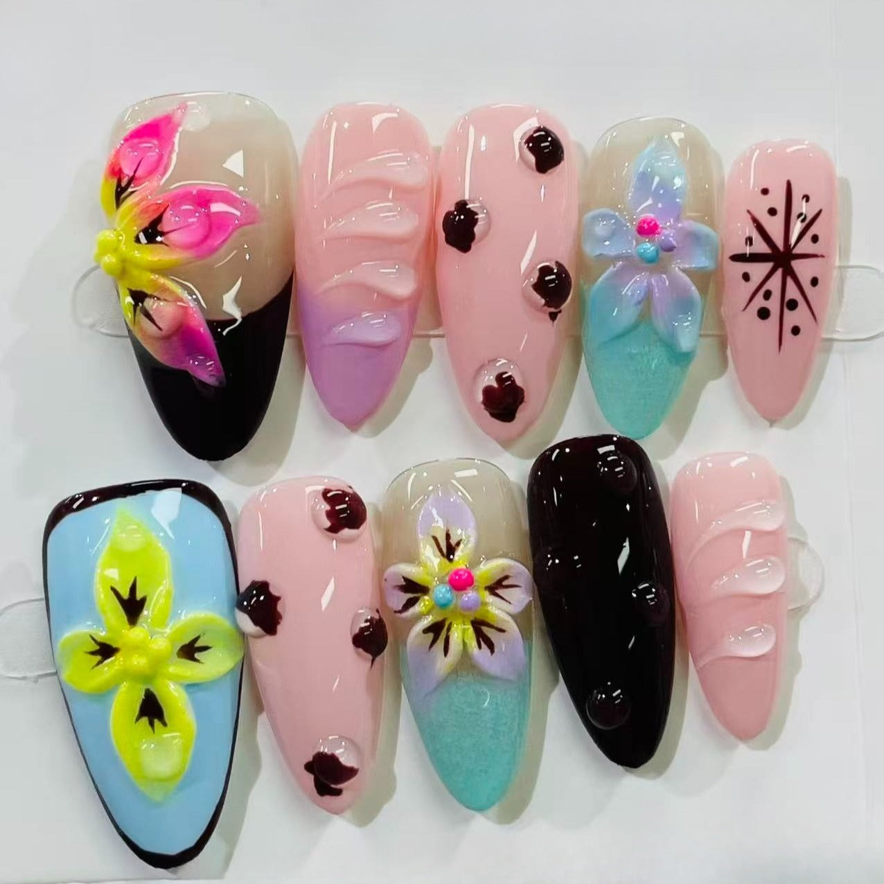 3D Floral Almond Shape False Nails