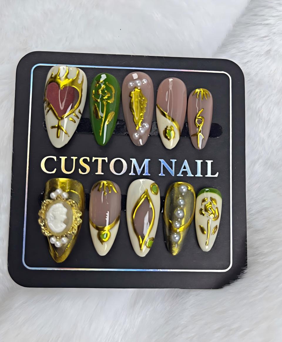 Custom 3D Brown Flower Almond Press On Nails